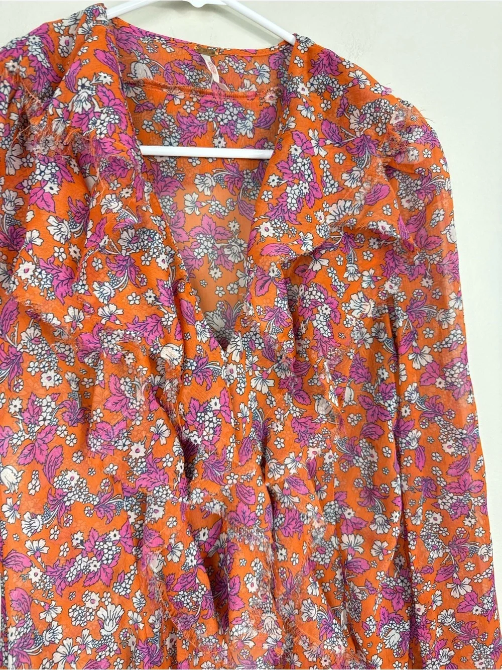 Free People Nina Top Womens Small Tulips Ditsy Ruffled Sheer Hippie Boho Pink